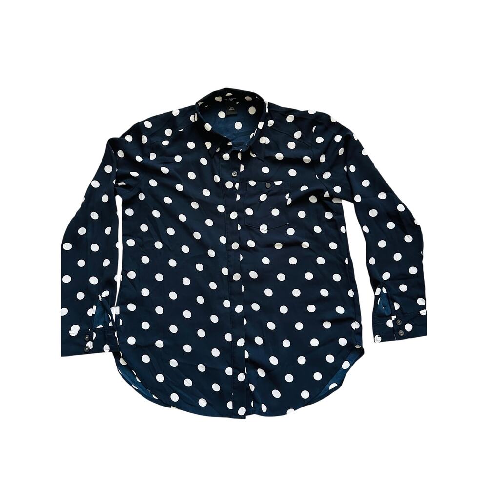 Ann Taylor Petite Polka Dot Button Front Blouse Navy White XSP